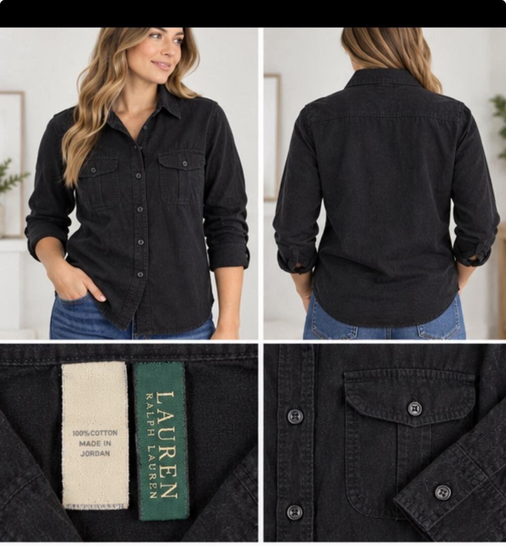 Lauren Ralph Lauren Women’s Black Long Sleeve Button Front Shirt Blouse Large